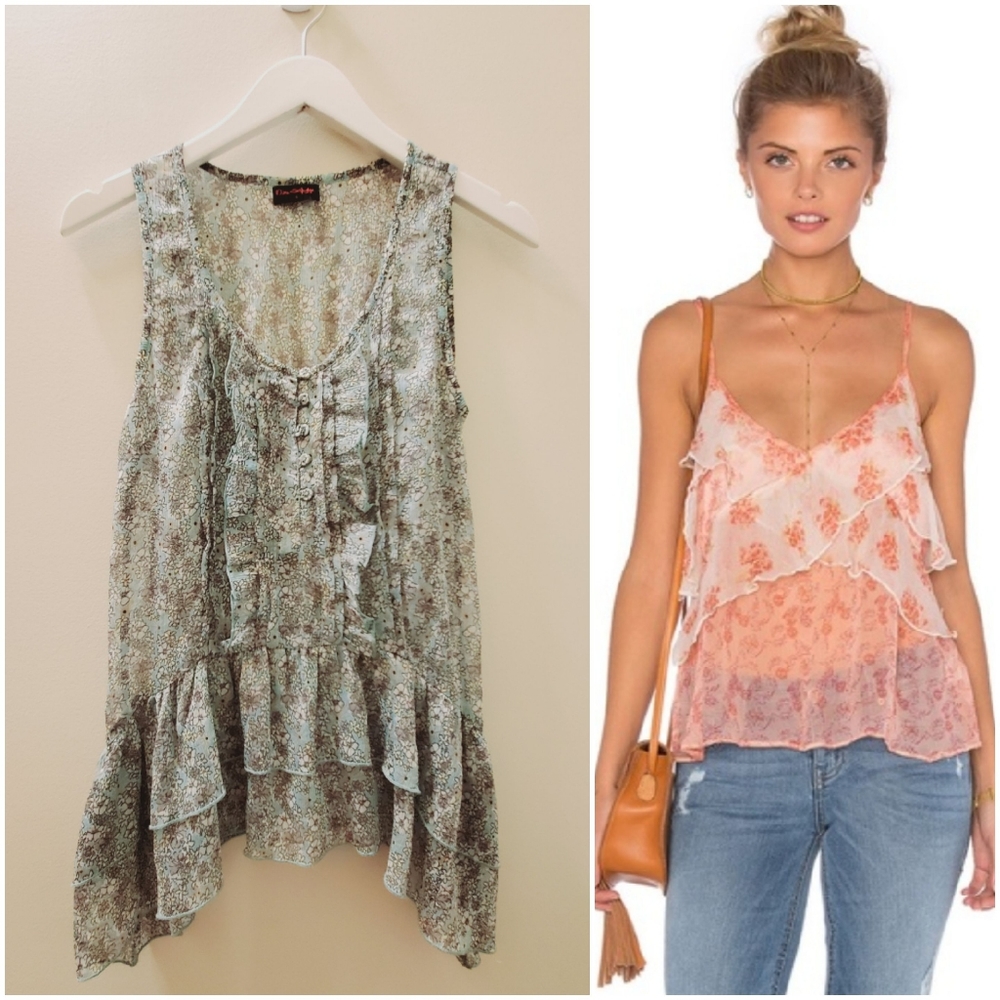 Vintage Miss Selfridges floral sheer tank tops with ruffles, size small